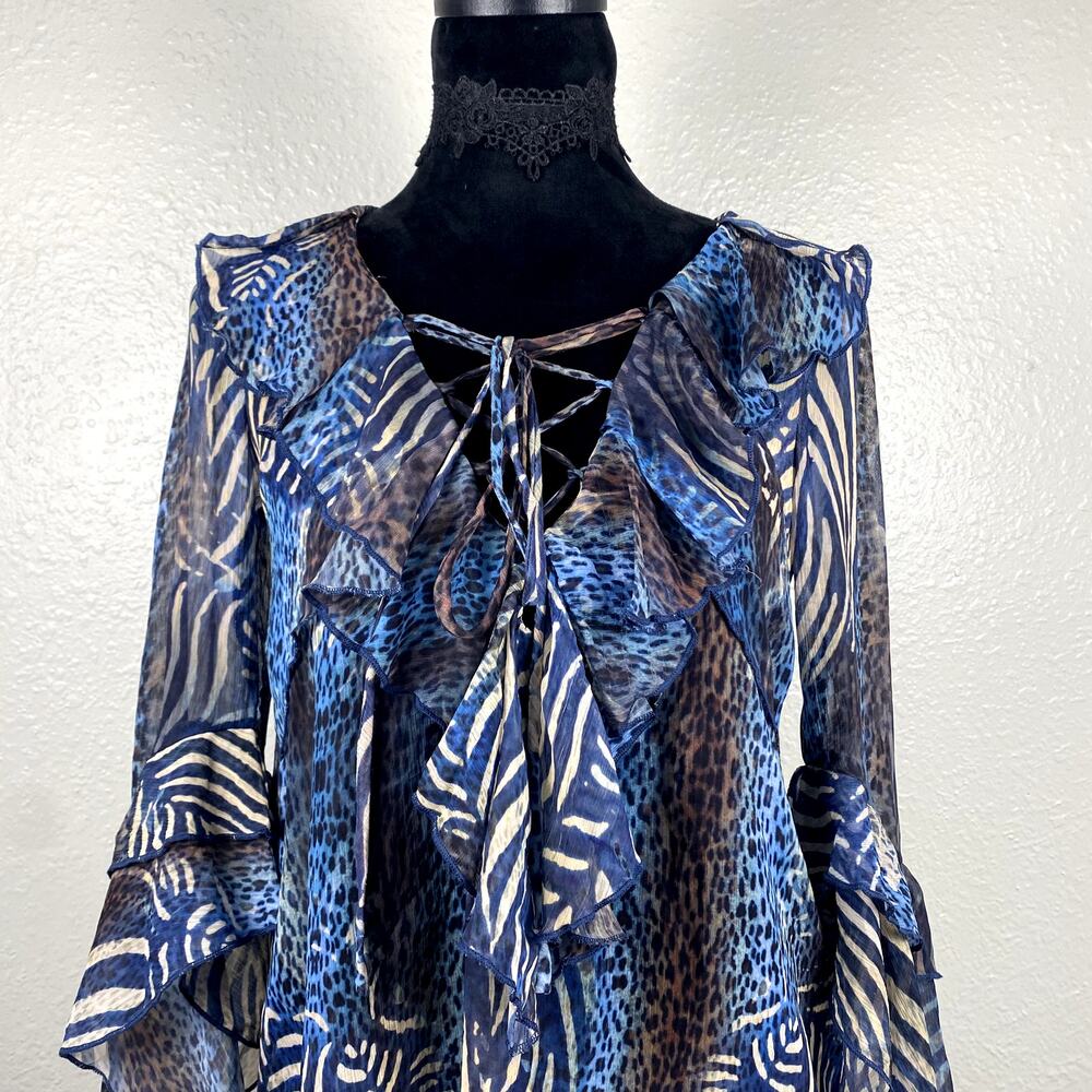 Metric Animal Print Whimsigoth Avant Garde LaceUp Boho Ruffle Flowy Blouse Dress - Picture 4 of 14